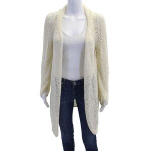 529 Womens Open-Knit Collared Long Sleeve Mid-Length Open Cardigan Cream Size S